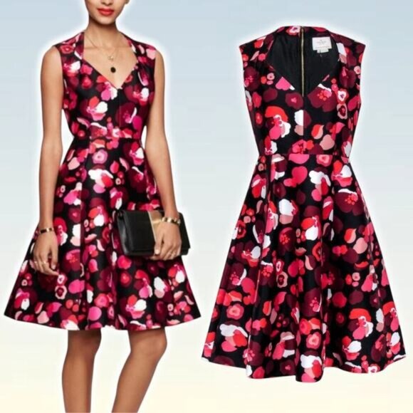 KATE SPADE Falling Florals Sleeveless Fit And Flare Dress Womens Sz 2 Pink Red - Picture 1 of 11